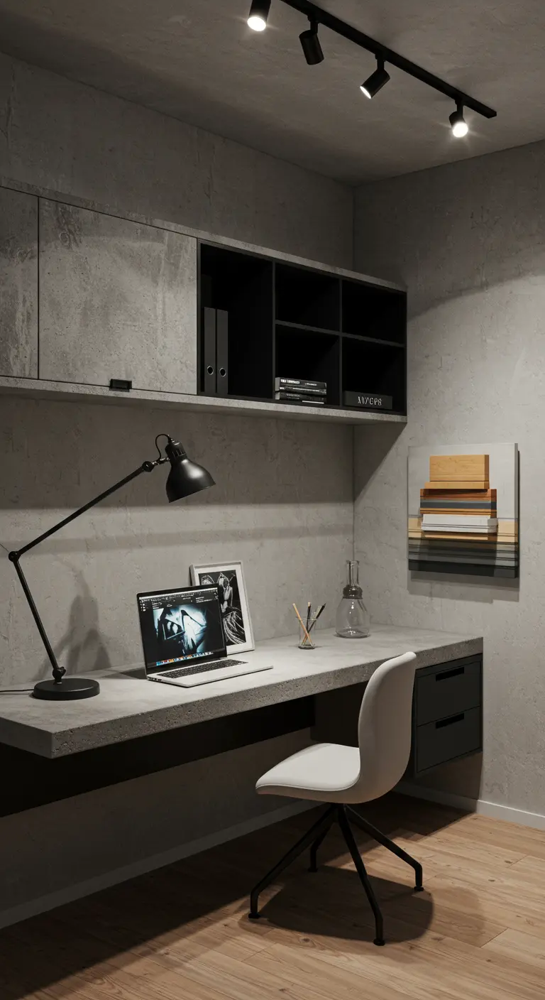 Bureau moderne avec plateau effet béton ciré, rangements noirs et éclairage sur rail