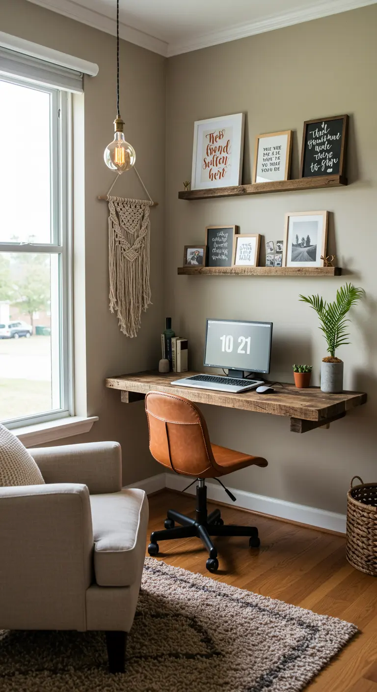 Bureau flottant en bois brut avec chaise en cuir, macramé et étagères minimalistes