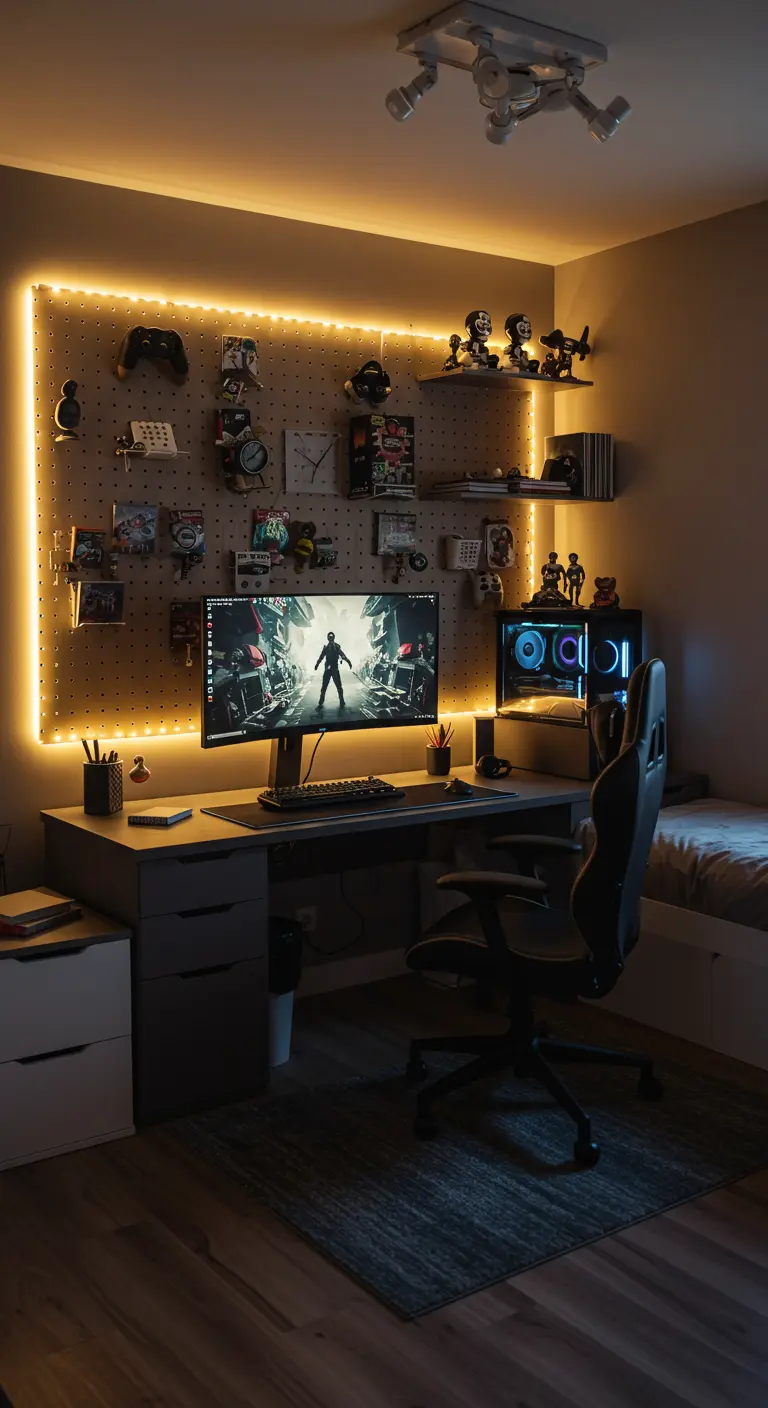 Bureau gaming avec écran d'ordinateur, pegboard rétroéclairé et étagères murales illuminées.