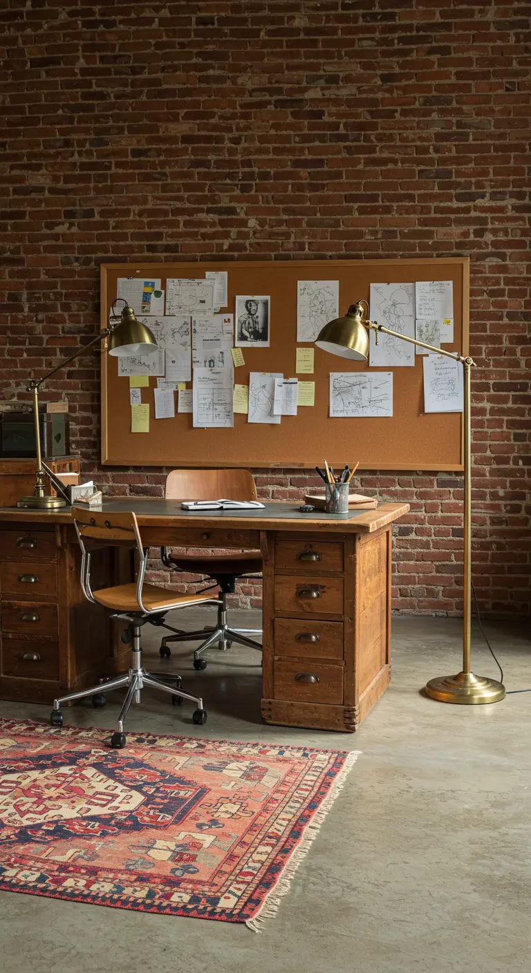 Bureau en bois de style industriel devant un mur de briques, avec un grand tableau en liège.