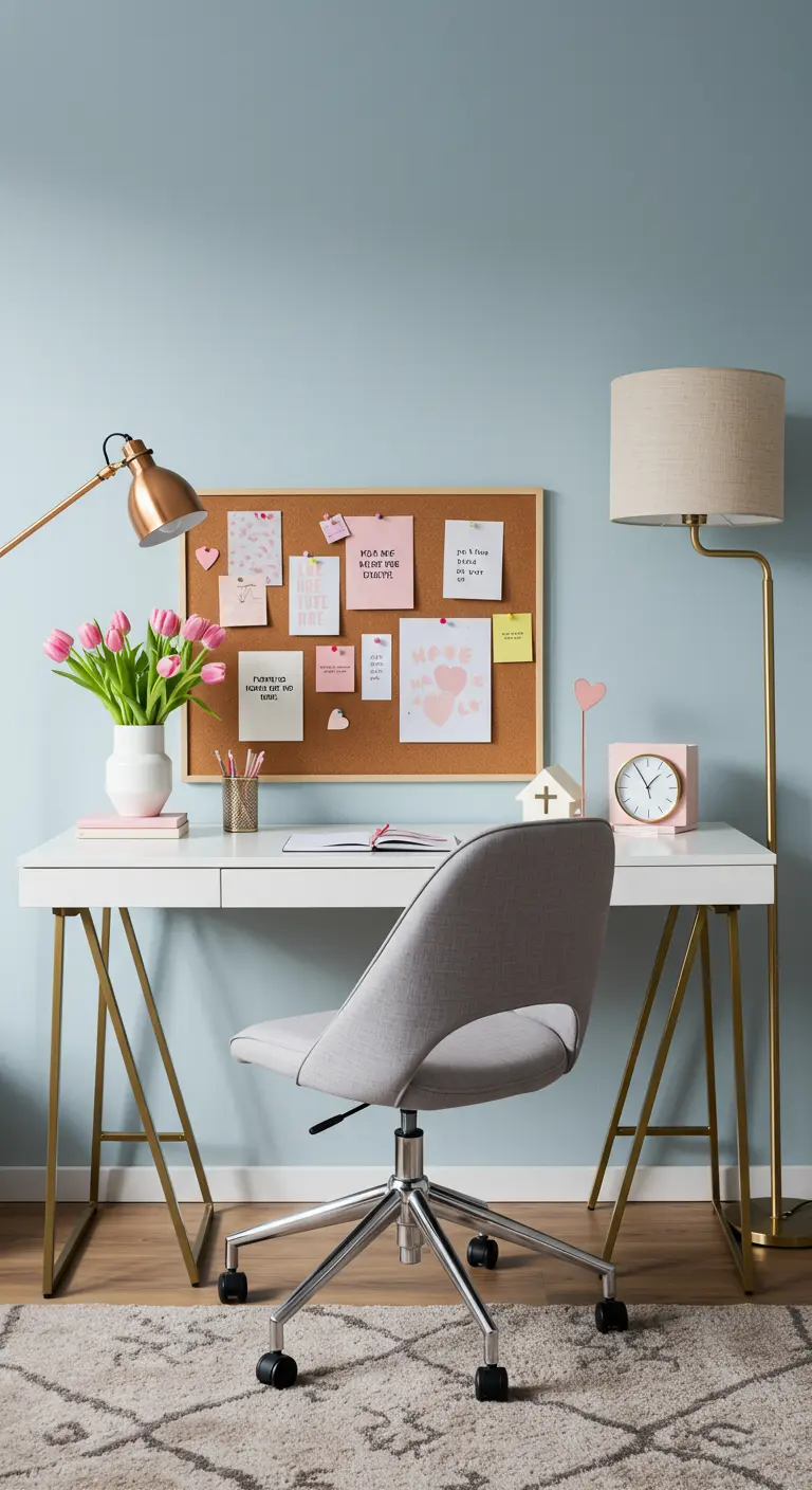 Bureau moderne avec tableau en liège pastel, tulipes roses et accessoires dorés.