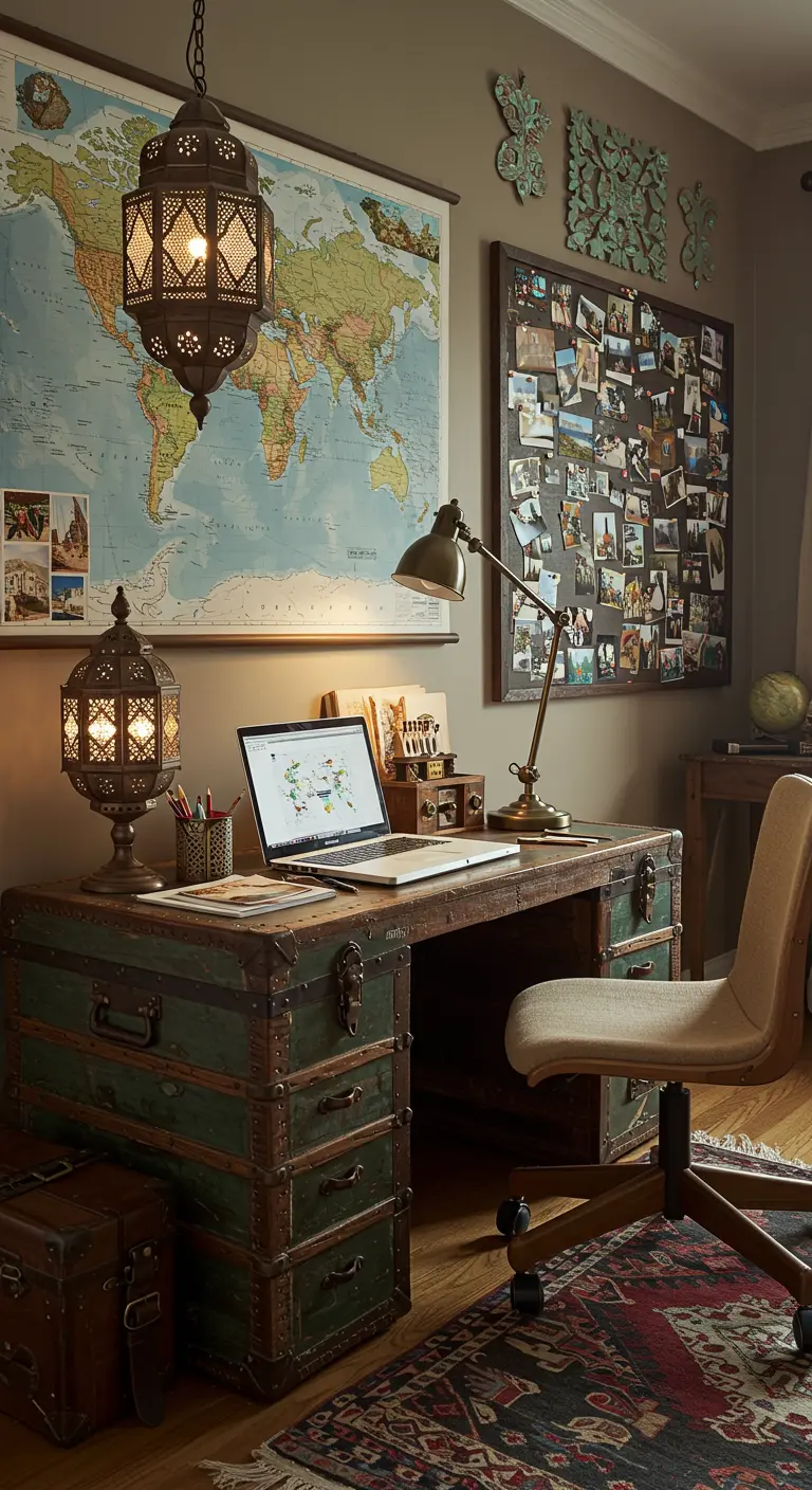 Bureau malle vintage avec carte du monde, lanternes orientales et décorations de voyage
