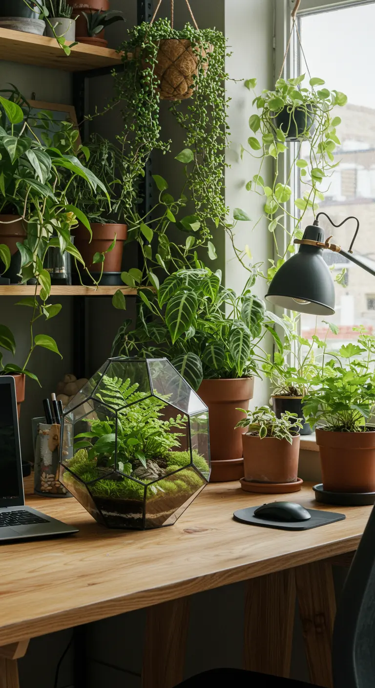 Grand terrarium hexagonal avec fougères et mousse sur un bureau en bois entouré de nombreuses plantes.