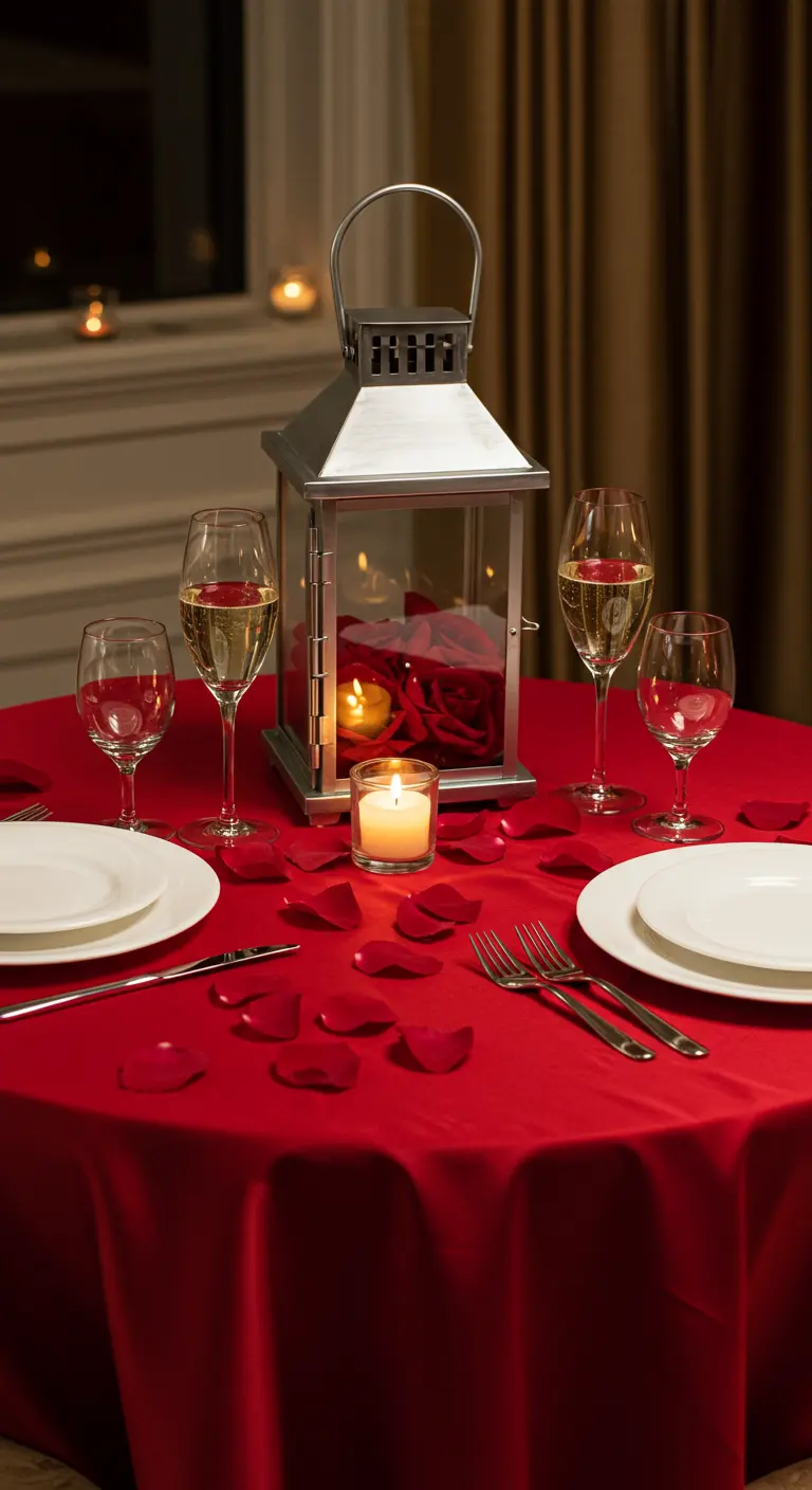 Lanterne remplie de roses rouges pour un dîner romantique à la lueur des bougies.