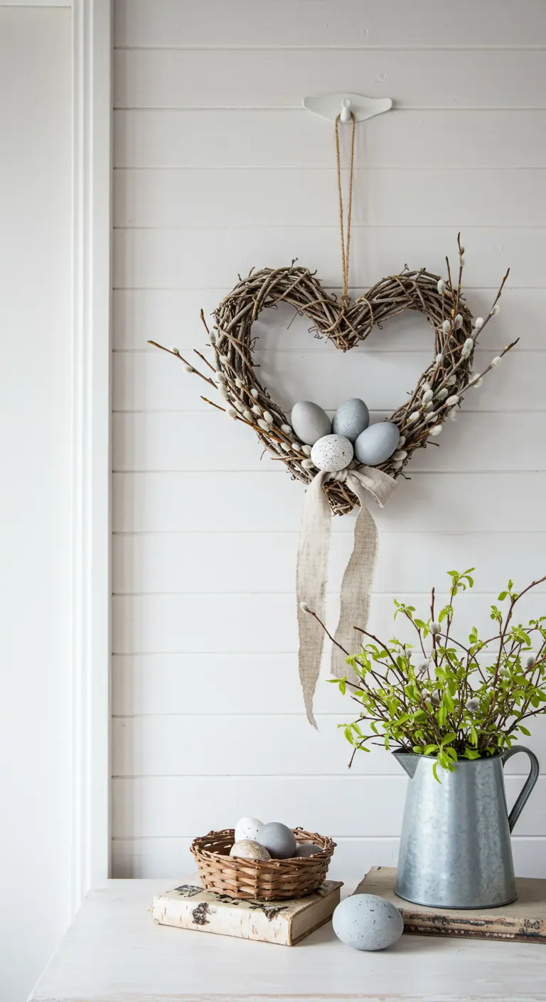 Couronne de Pâques en forme de cœur faite de brindilles, avec quelques œufs gris.