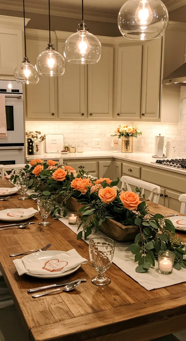 Centre de table avec des roses pêche dans des bacs en bois sur une table de cuisine.