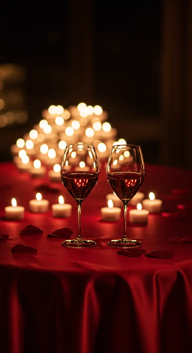 Dîner romantique avec deux verres de vin rouge éclairés par des bougies et des lumières en arrière-plan.