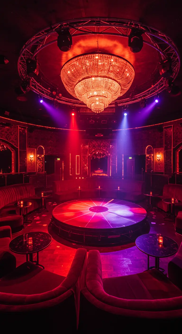 Piste de danse circulaire avec grand lustre, éclairage rouge et violet et canapés en velours.