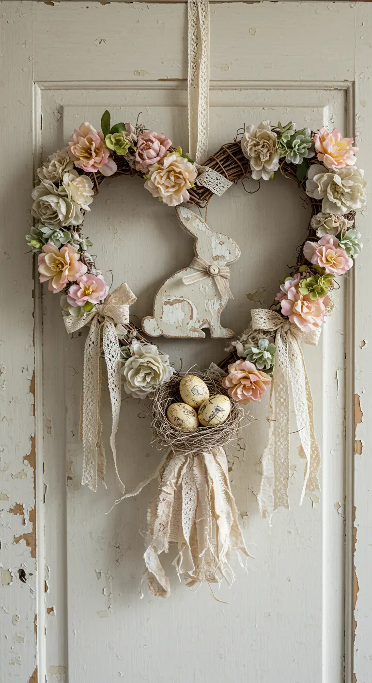 Couronne de Pâques en forme de cœur avec lapin et dentelle.