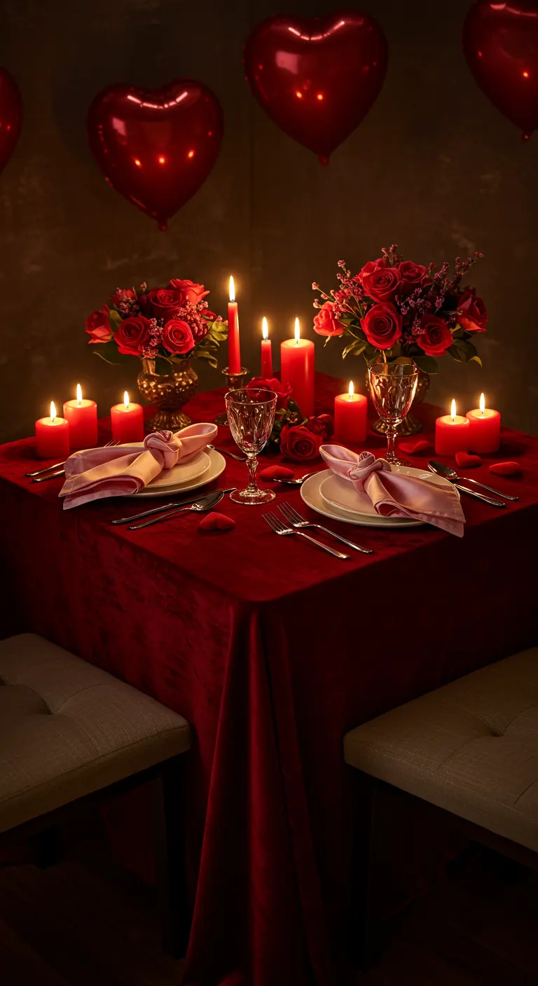 Dîner romantique aux chandelles avec des ballons en forme de cœur.