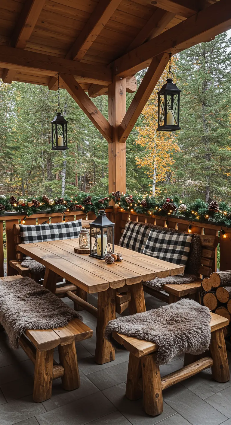 Terrasse cabane avec mobilier en bois, fausse fourrure, coussins à carreaux, guirlande de sapin et lanternes.