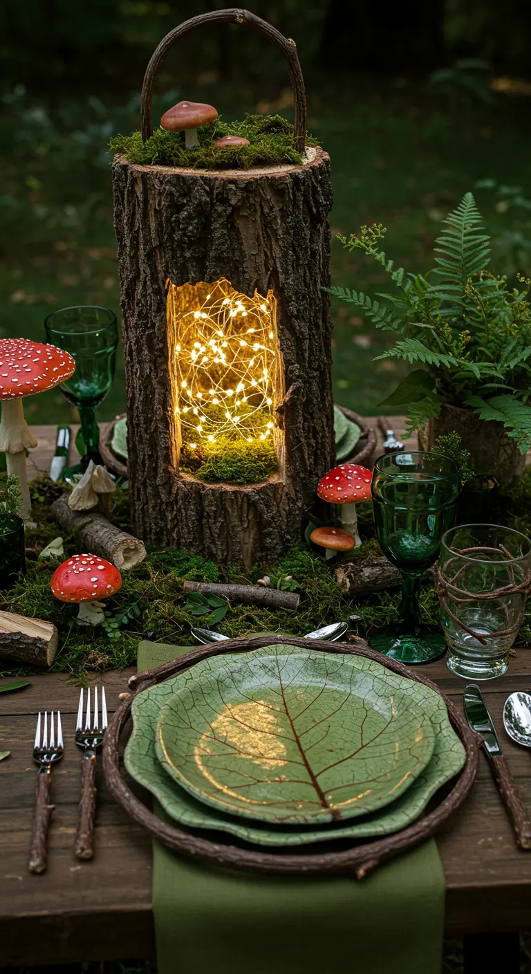 Tronc d'arbre évidé et illuminé de l'intérieur, servant de centre de table féerique.