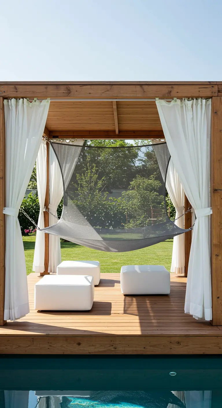 Hamac en maille et poufs blancs sous une pergola en bois avec des rideaux.