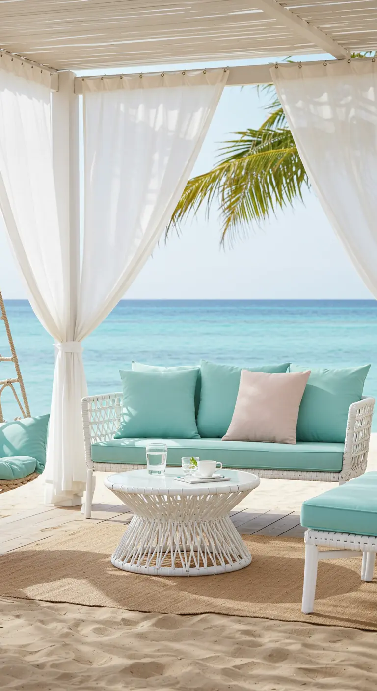 Salon de jardin en rotin blanc avec coussins vert d'eau et rose sous une cabane de plage avec des voilages blancs.