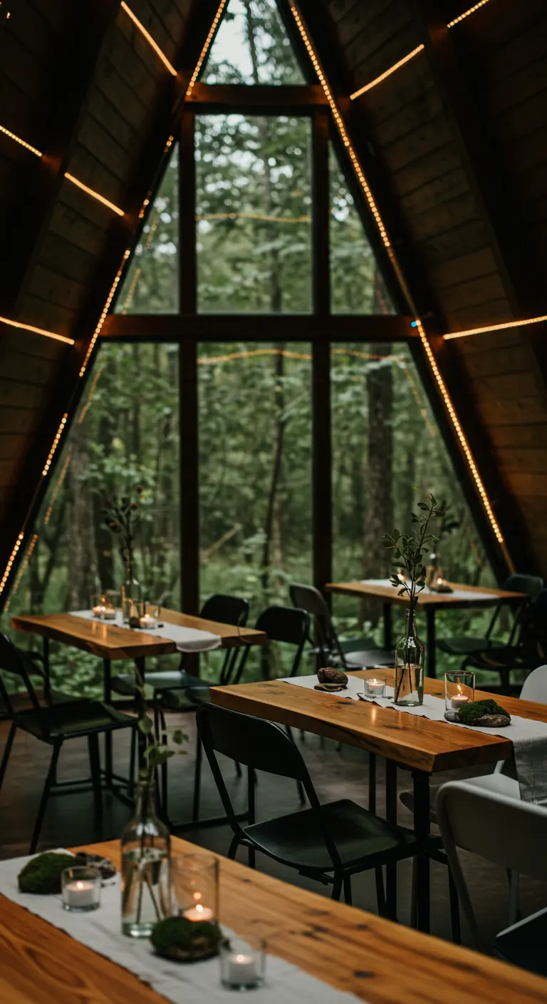 Tables minimalistes en bois dans une cabane forestière, avec chemins de table, bougies et brins de verdure.
