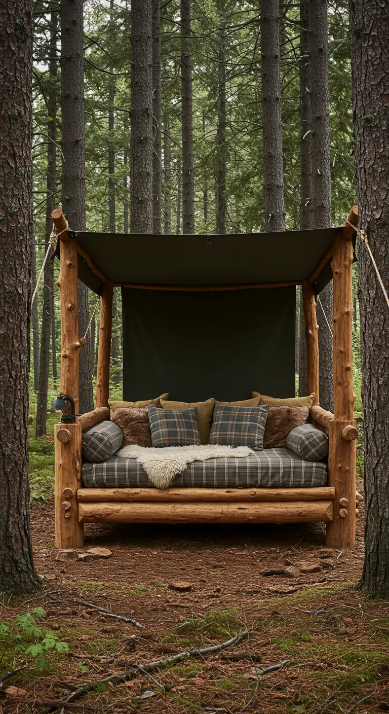 Lit de jour rustique en rondins de bois dans une forêt de pins