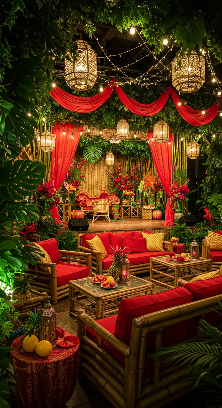 Scène tropicale avec mobilier en bambou, plantes luxuriantes, rideaux rouges et lanternes.