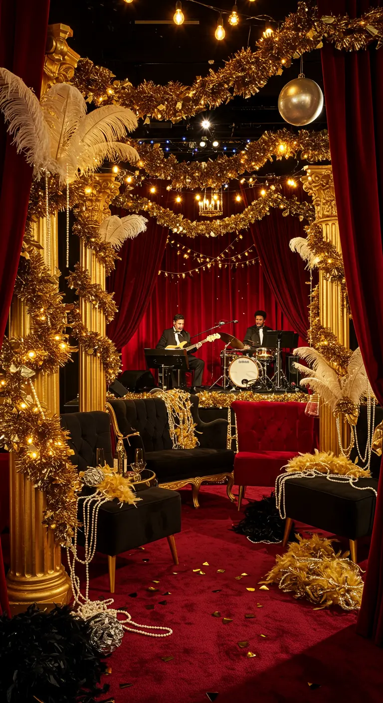 Scène de cabaret rouge et dorée avec rideaux, plumes, guirlandes, boules miroir et musiciens.