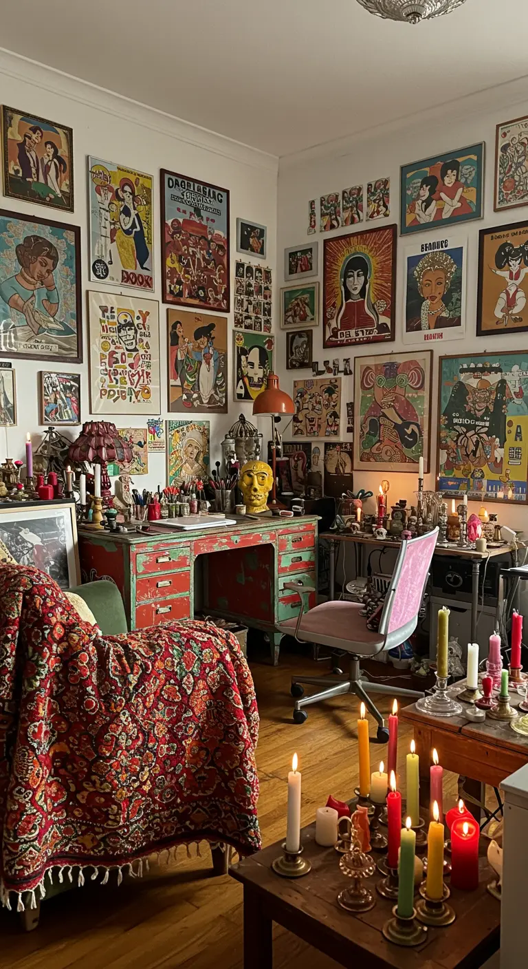 Bureau éclectique et coloré, entouré de murs couverts d'affiches, avec de nombreuses bougies.