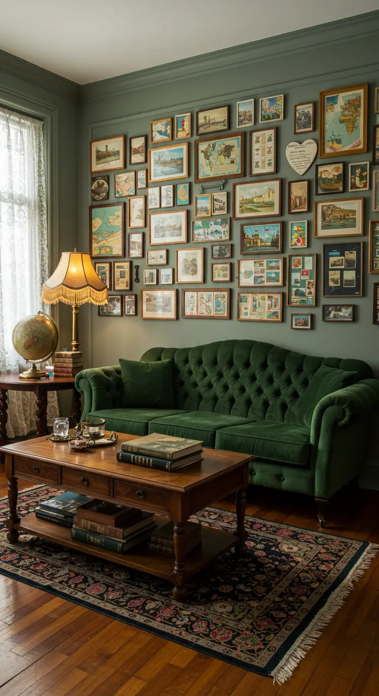 Salon vert sombre avec un mur de cadres très dense de cartes et illustrations vintage, canapé chesterfield.