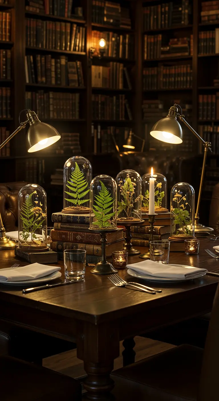 Table dans une bibliothèque décorée de cloches en verre avec des plantes, empilements de livres et lampes de bureau.