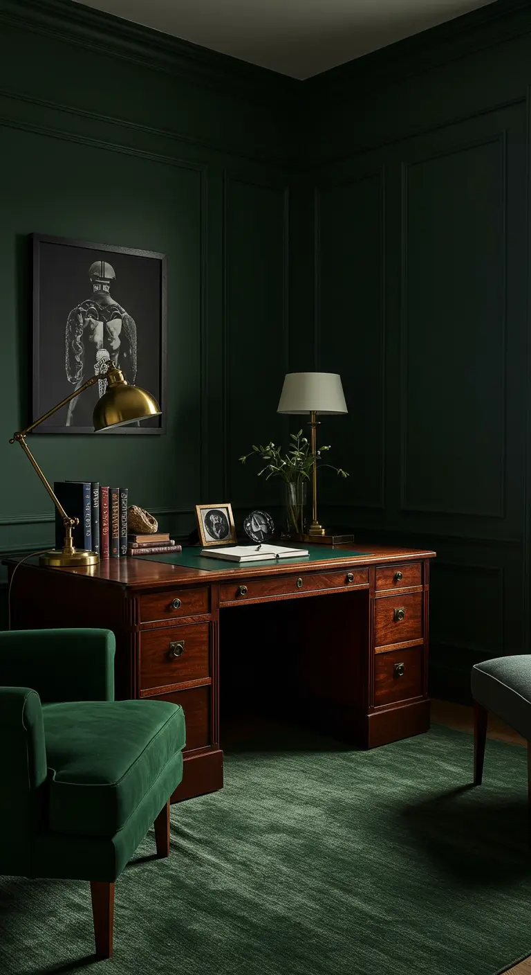Bureau en bois classique dans une pièce aux murs vert foncé avec des moulures.