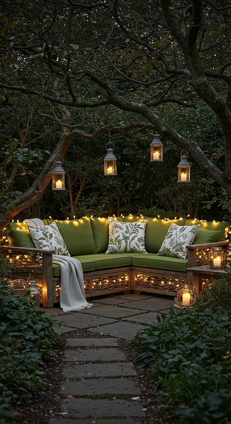 Canapé d'angle en bois, coussins verts, guirlandes lumineuses intégrées, dans un jardin luxuriant.