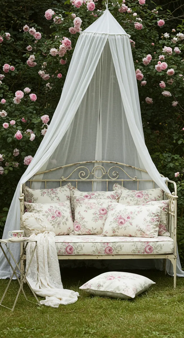 Banc en fer forgé blanc avec voilage sous une roseraie