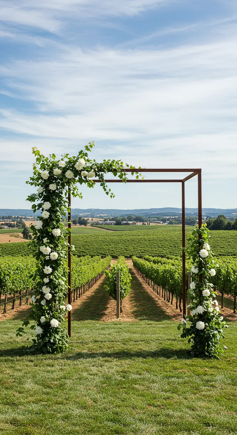 Arche de mariage carrée au milieu d'un vignoble, décorée de rosiers blancs grimpants.