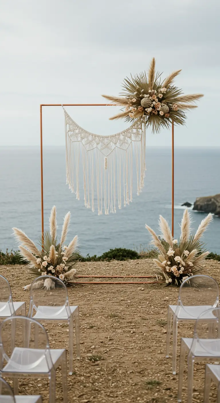 Arche carrée en cuivre avec macramé et fleurs face à la mer.