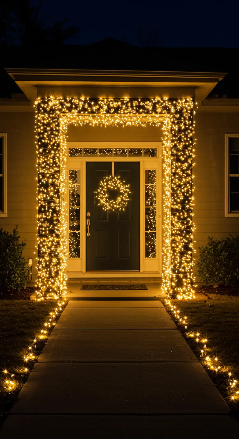 Porte d'entrée encadrée de guirlandes lumineuses chaudes, avec un chemin de lumières sur l'allée.