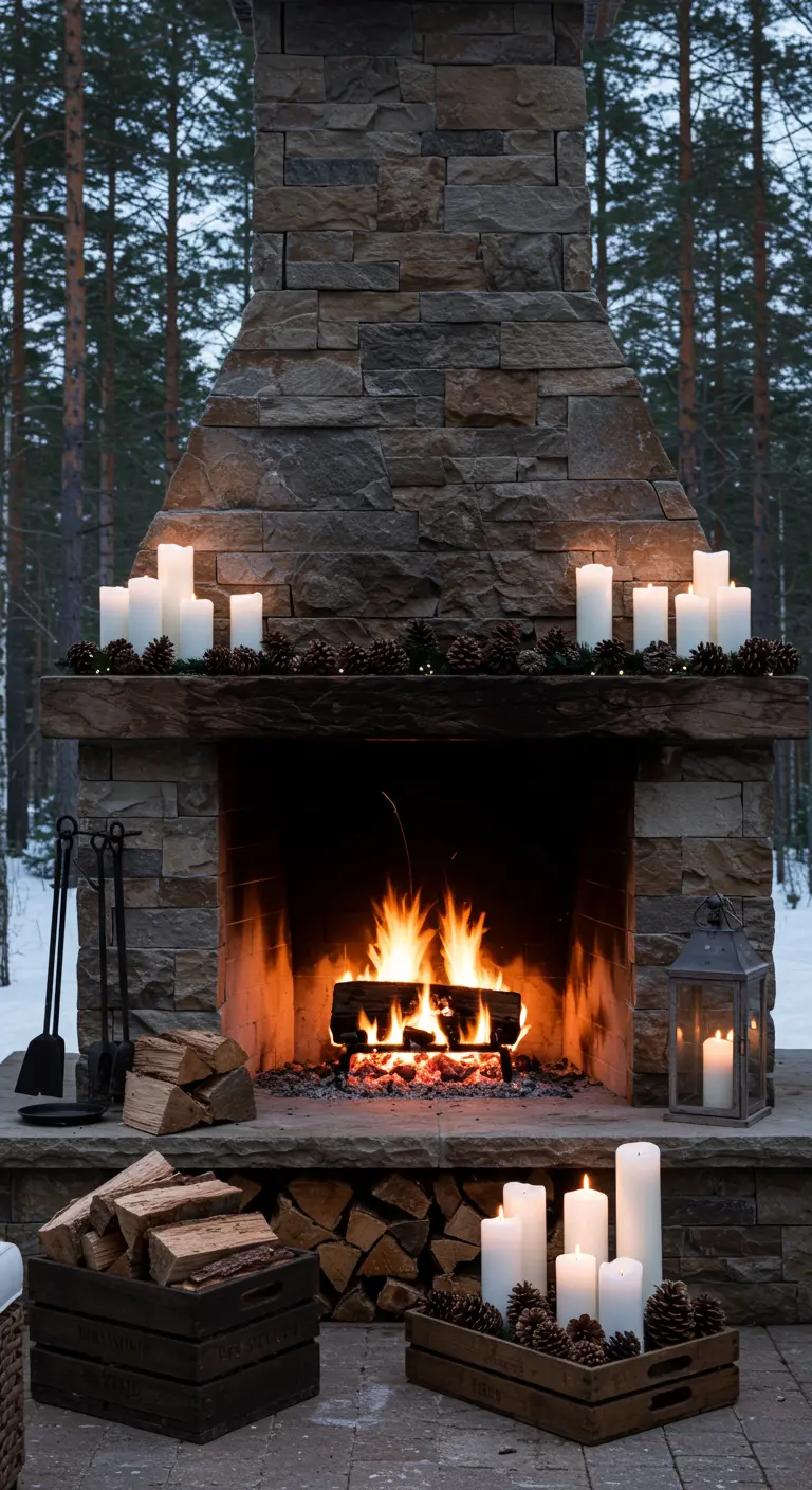 Cheminée extérieure en pierre avec un feu allumé, décorée de nombreuses bougies et pommes de pin.