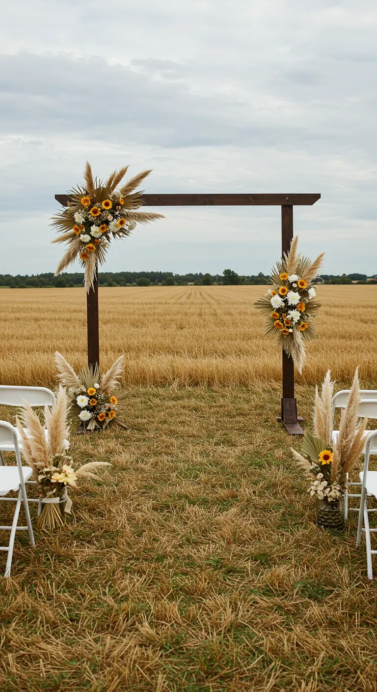 Arche carrée en bois avec des bouquets de tournesols dans un champ de blé.