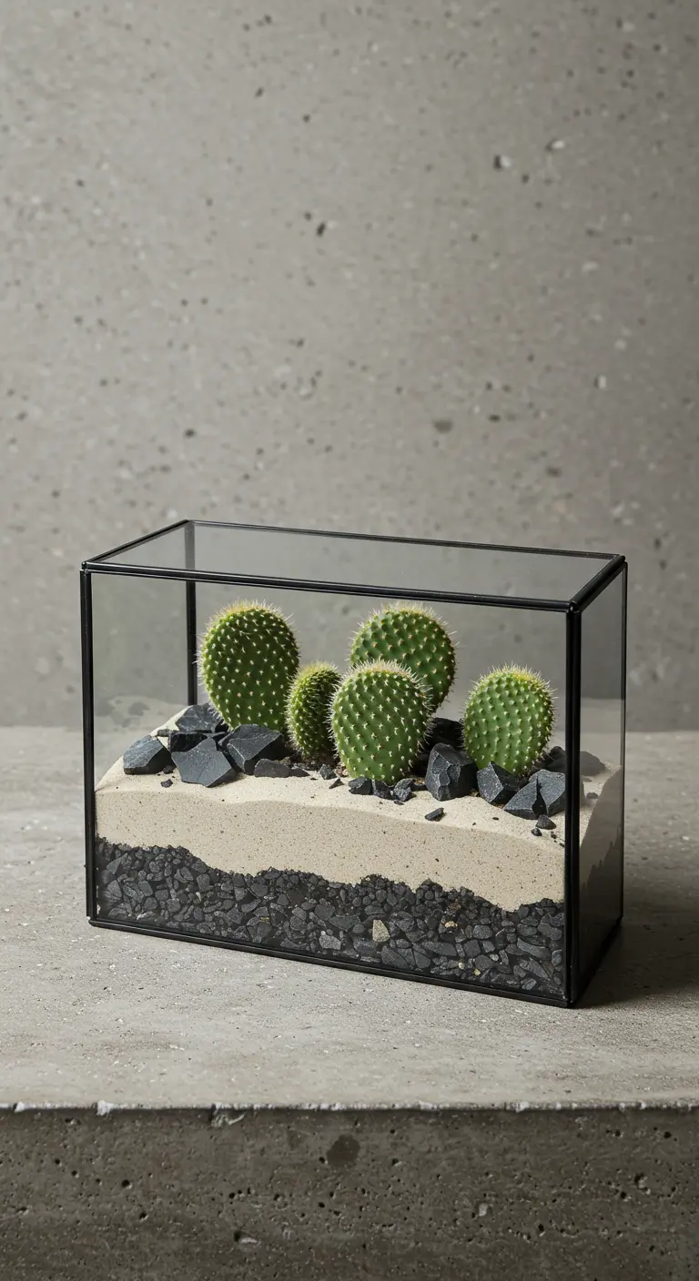 Terrarium rectangulaire encadré de noir avec plusieurs petits cactus, sable et gravier foncé.