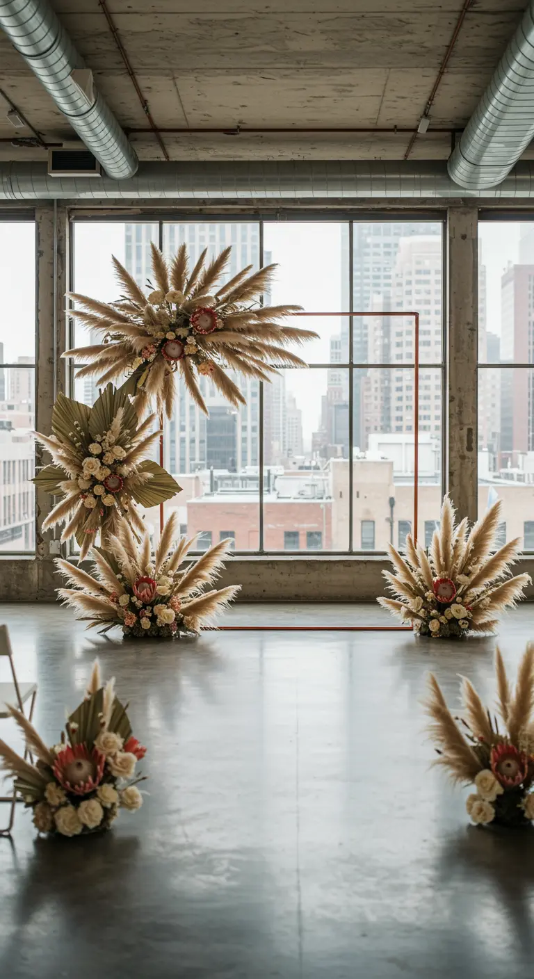 Arche carrée avec pampas et palmes séchées dans un loft avec vue sur la ville.
