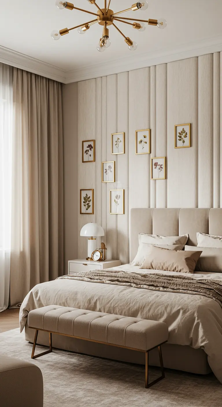 Sept petits cadres dorés avec des motifs floraux simples sur des panneaux muraux verticaux beiges.