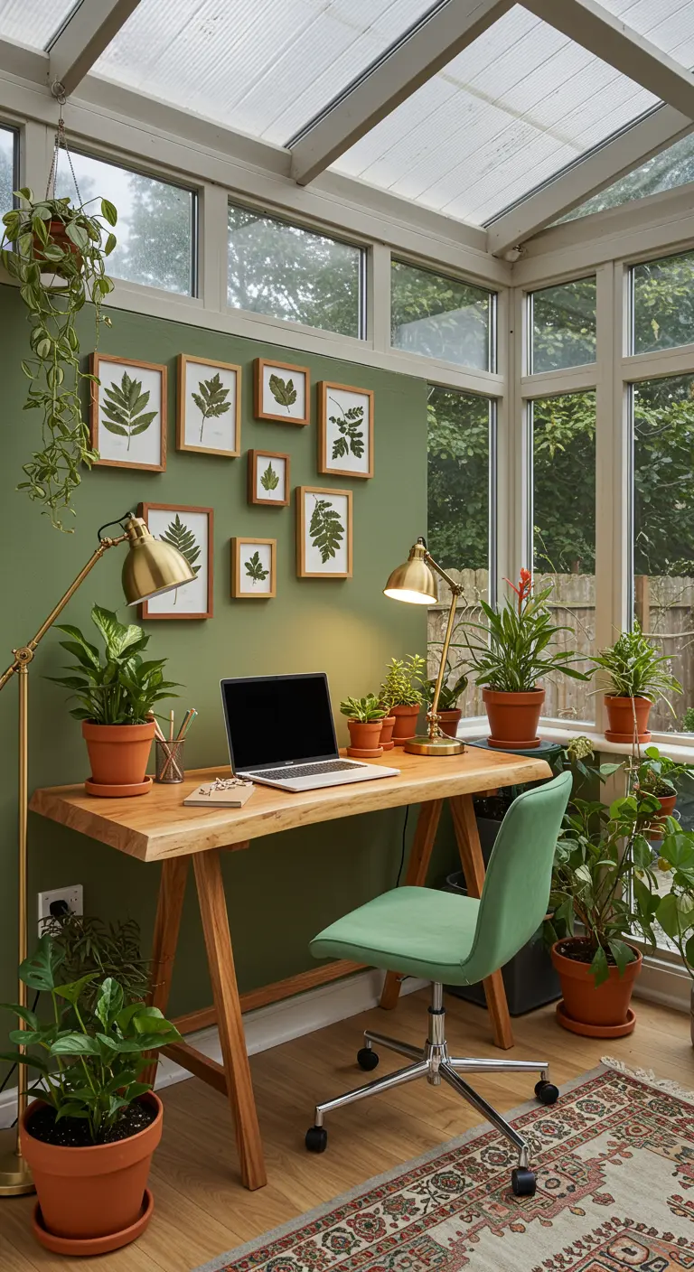 Bureau végétal avec murs verts et nombreux cadres de feuilles pressées en bois clair