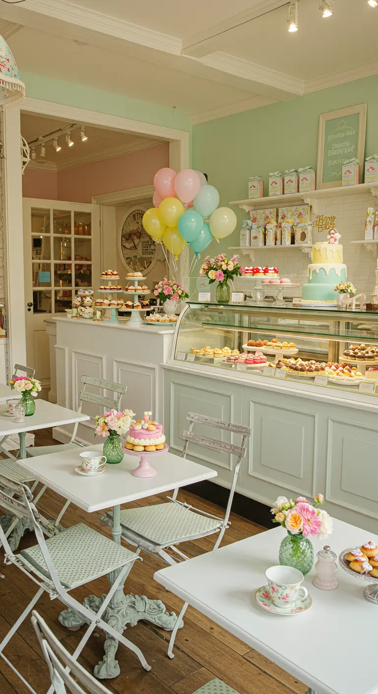 Table de café-pâtisserie avec gâteaux sur présentoirs et petits bouquets de fleurs.