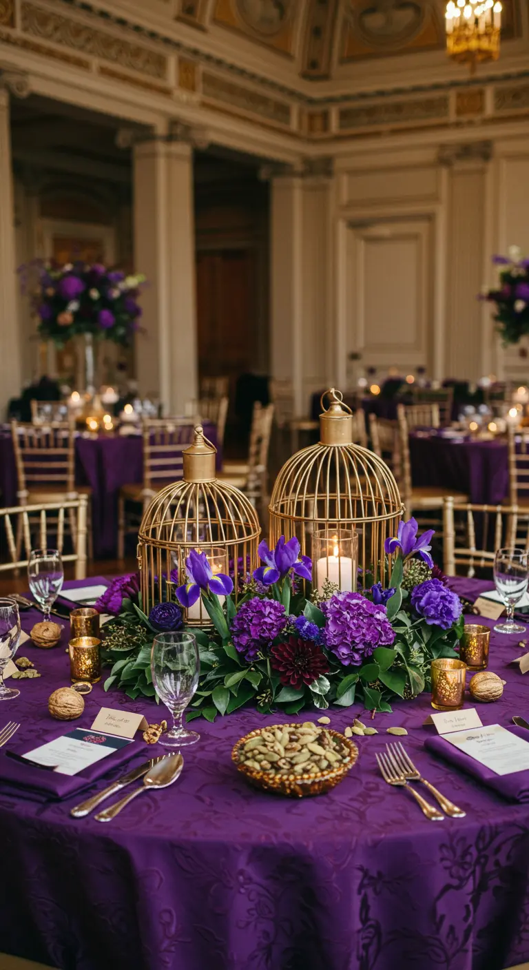 Table violette avec lanternes cages à oiseaux dorées et fleurs assorties.