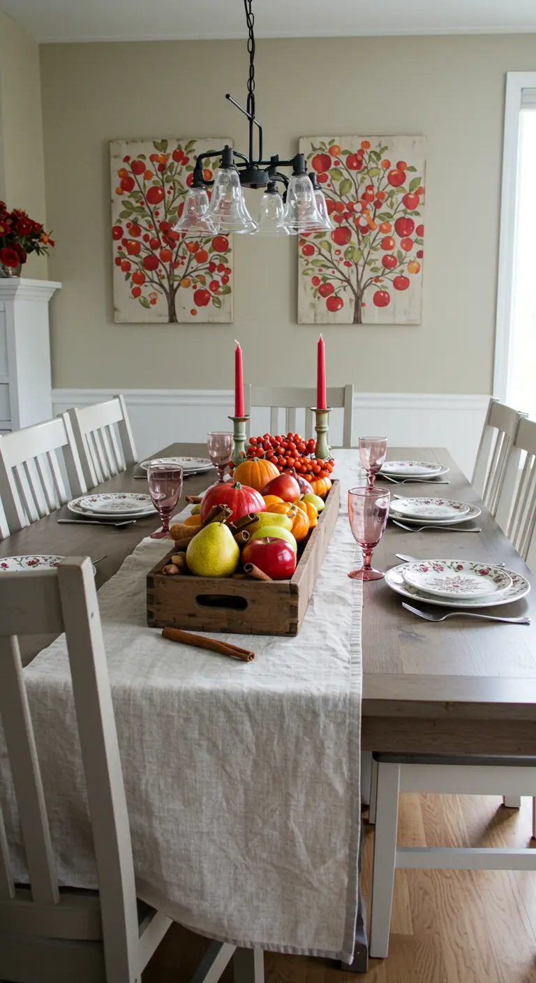 Centre de table dans une caisse en bois avec des fruits et des citrouilles.