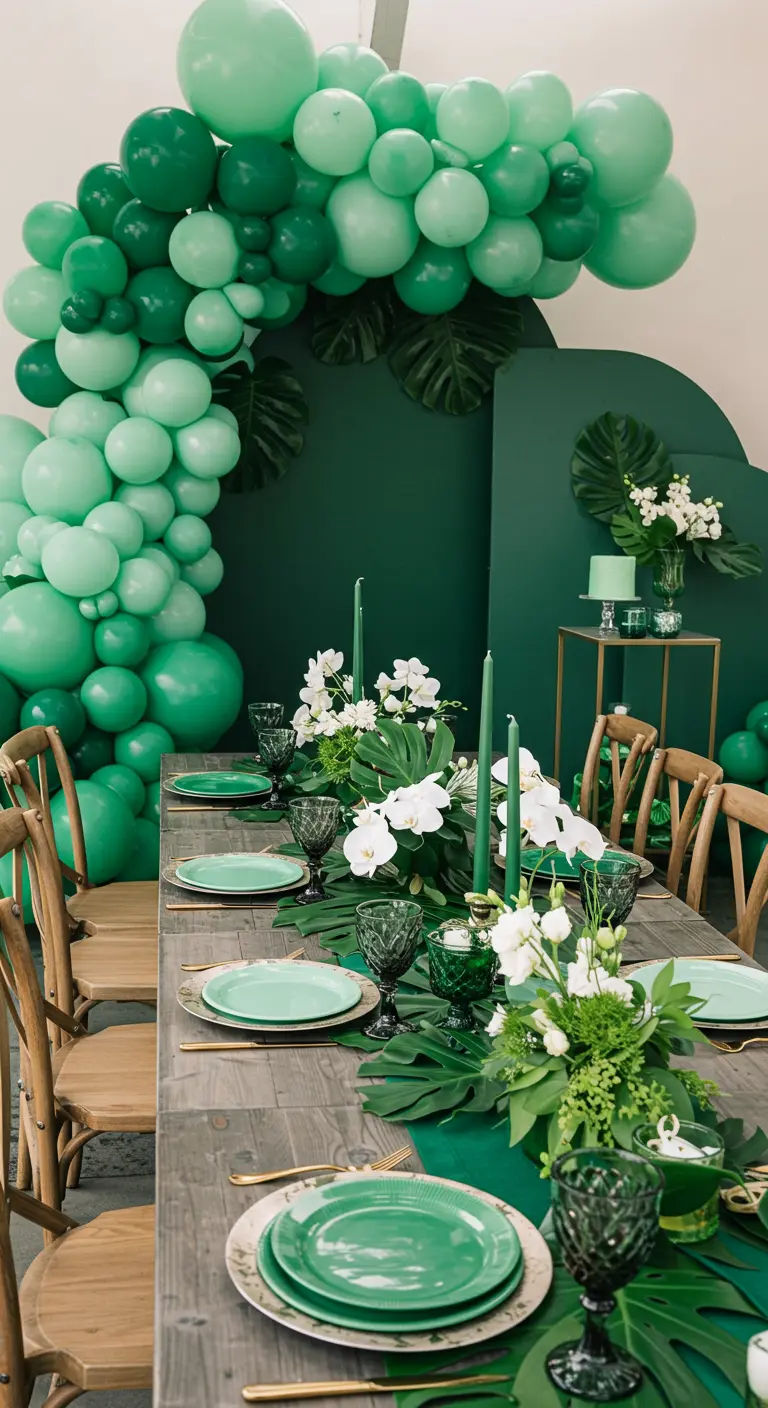 Table de fête élégante avec une déclinaison de verts, des ballons aux orchidées blanches.