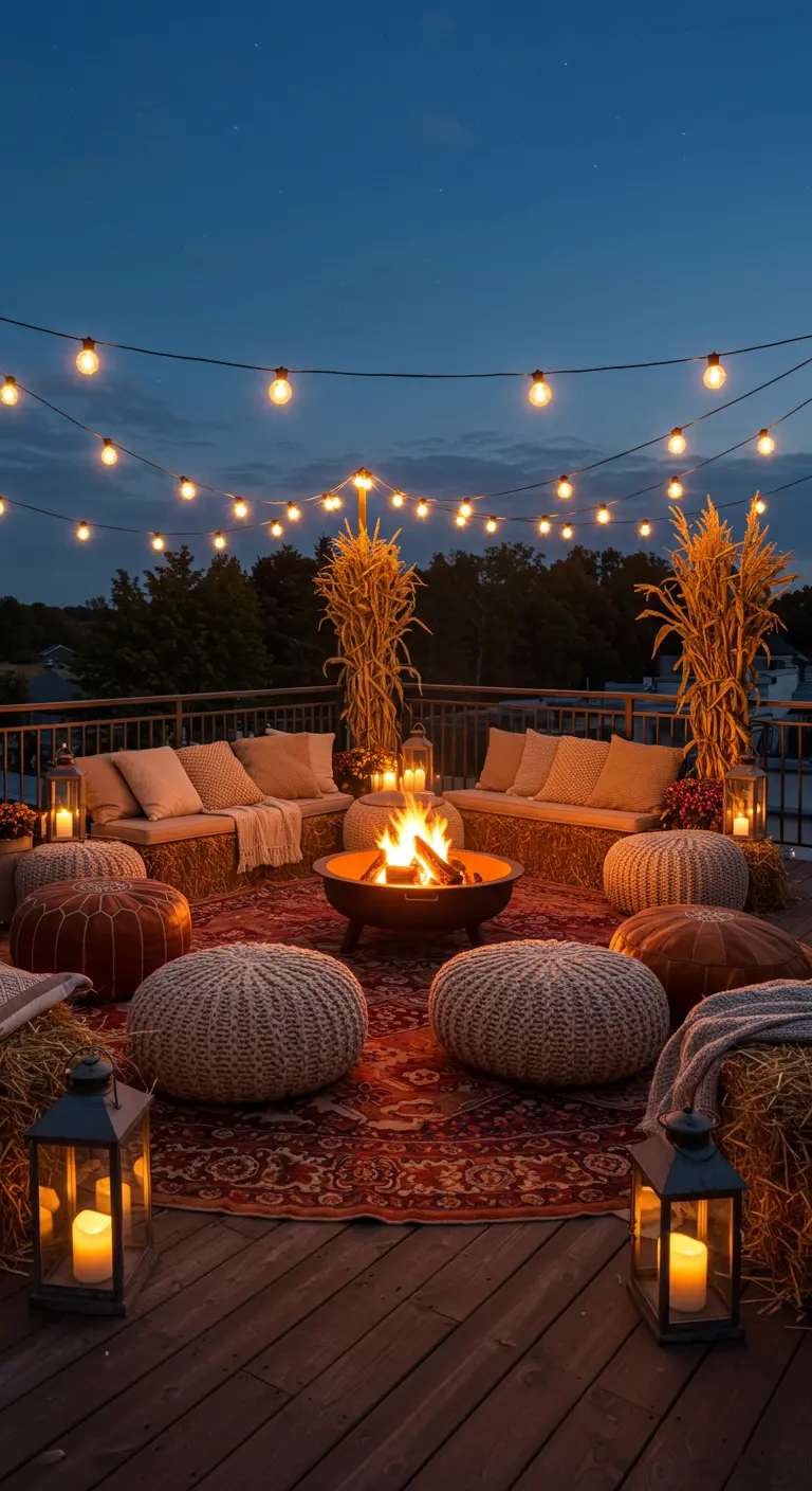 Toit-terrasse avec canapés en bottes de paille, brasero, tapis persan, poufs et gerbes de maïs.