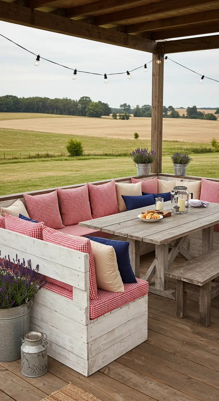 Banquette en bois blanc sur terrasse campagne, coussins à carreaux rouges et lavande.