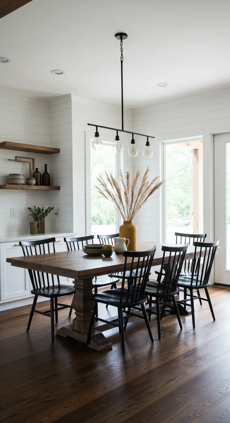 Salle à manger style ferme moderne avec table en bois et grand vase jaune.