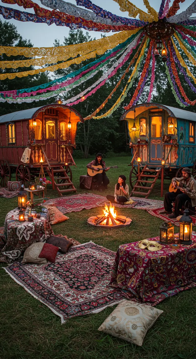 Campement bohème avec roulottes, feu de camp, tapis et guirlandes de tissus colorés.