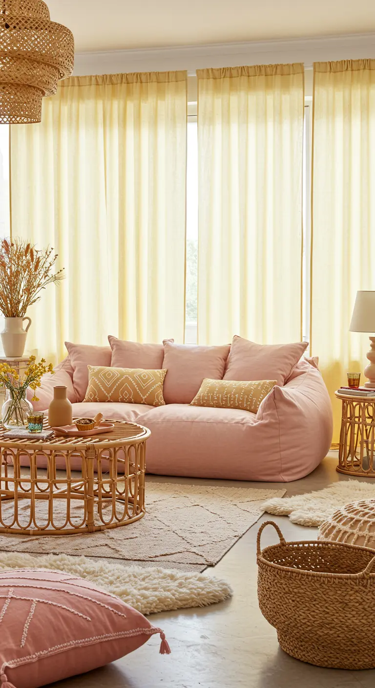 Grand canapé rose pastel oversize, table basse ronde en rotin, et rideaux jaune pâle dans un salon bohème.