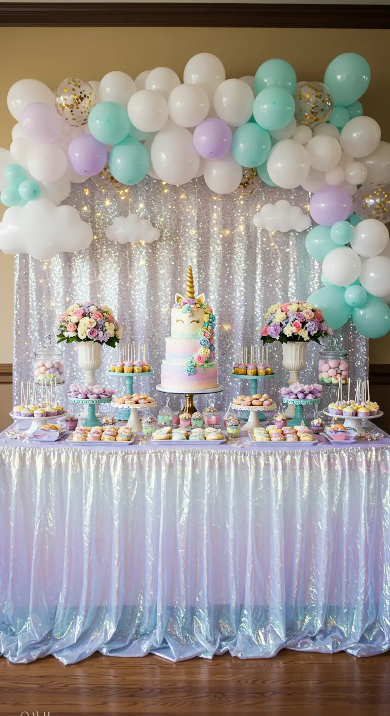 Table de desserts licorne avec un rideau de paillettes, une arche de ballons et un gâteau à étage.
