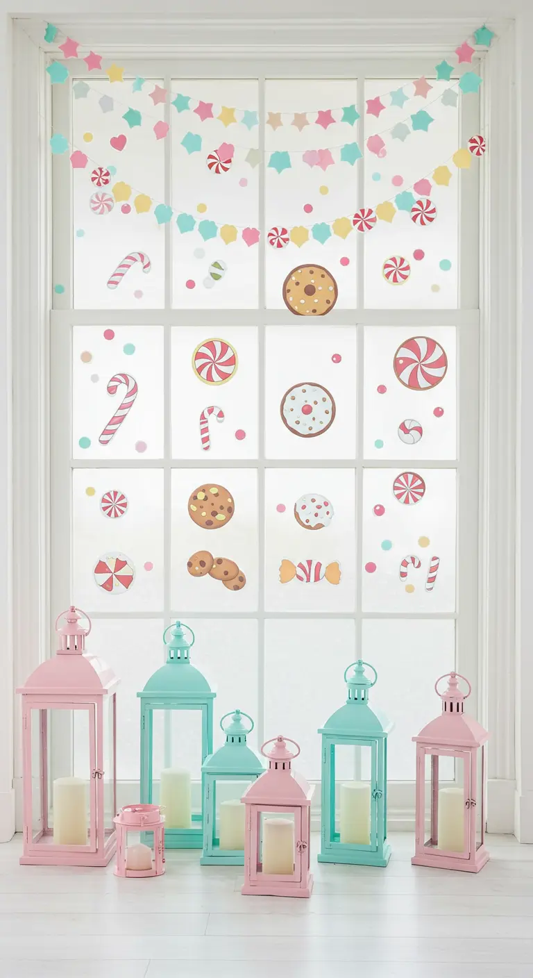 Fenêtre décorée de stickers de bonbons et de lanternes pastel rose et turquoise.