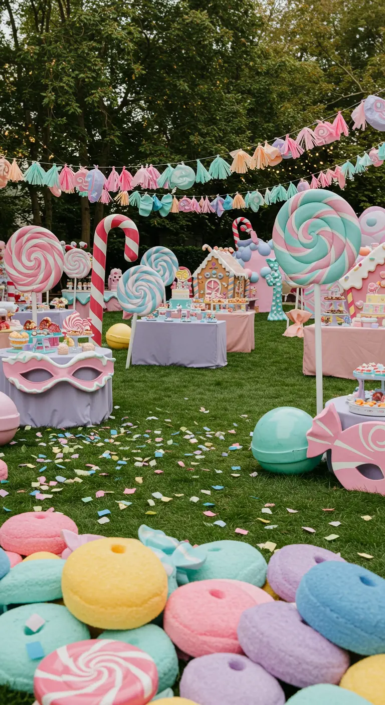 Fête d'anniversaire en plein air sur le thème Candyland avec sucettes géantes et décorations pastel.