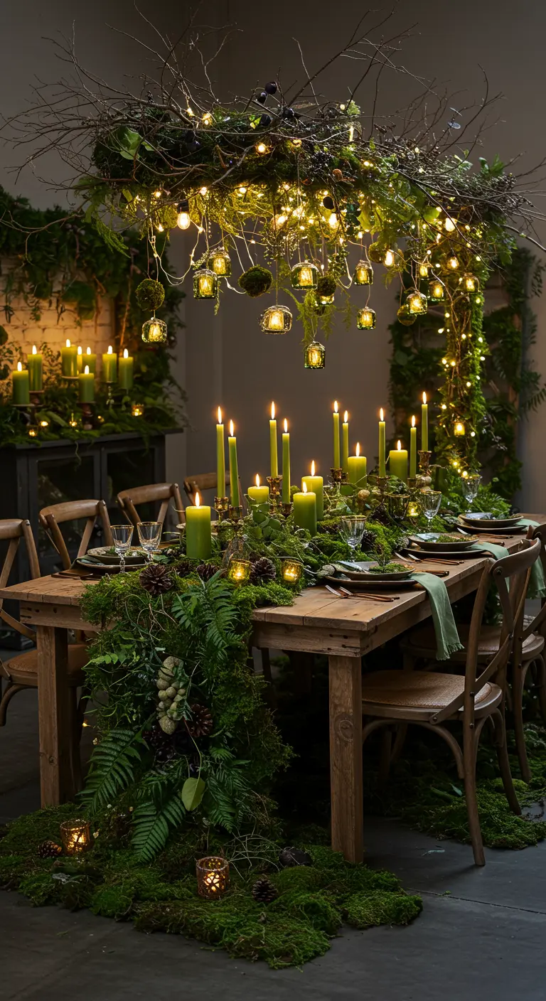 Table de fête rustique sous une installation suspendue de verdure et de lumières, ambiance forêt.
